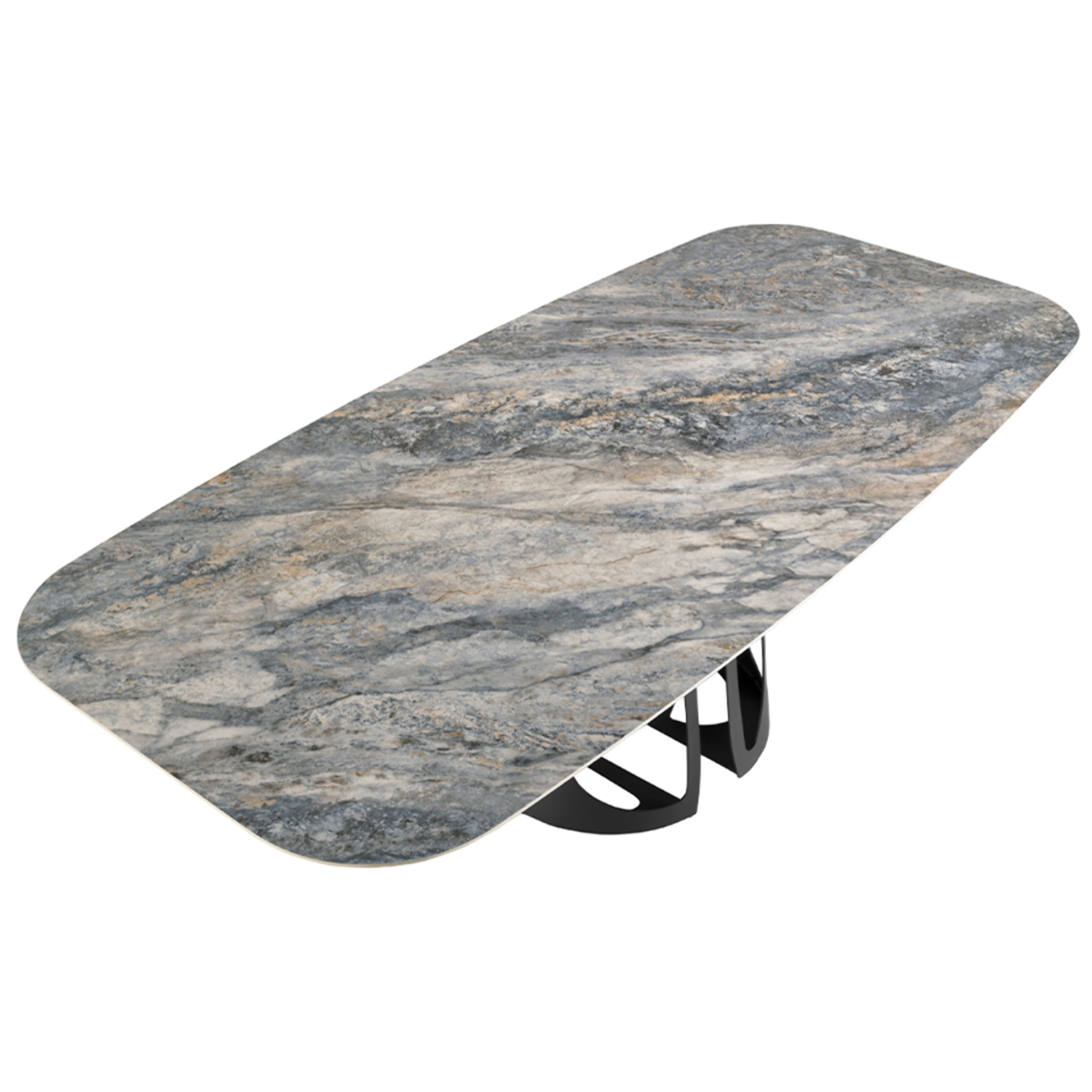 Mesa comedor Angel Cerdá ovalada barril con tapa fija de mármol porcelánico azul con vetas en tonalidades grises y marrones en acabado brillo 238x110x76cm