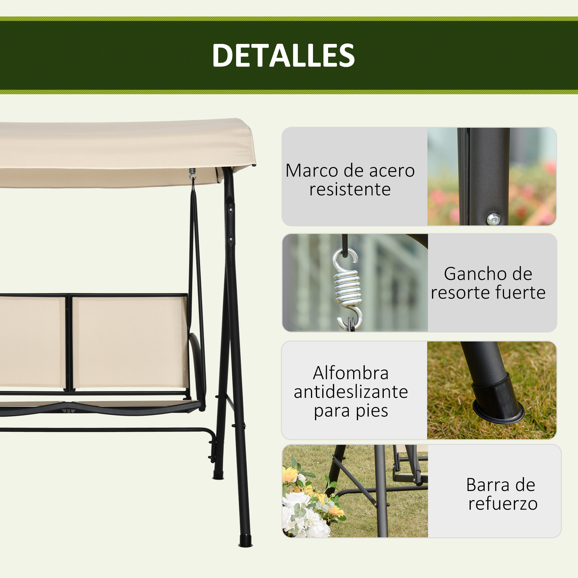 Columpio de Jardín Exterior de 2 Plazas, Balancín de Jardín Exterior con Techo Ajustable y Marco de Acero, Asientos de Textilene, para Balcón, Terraza, Carga 220 kg, 140x118x162 cm, Beige