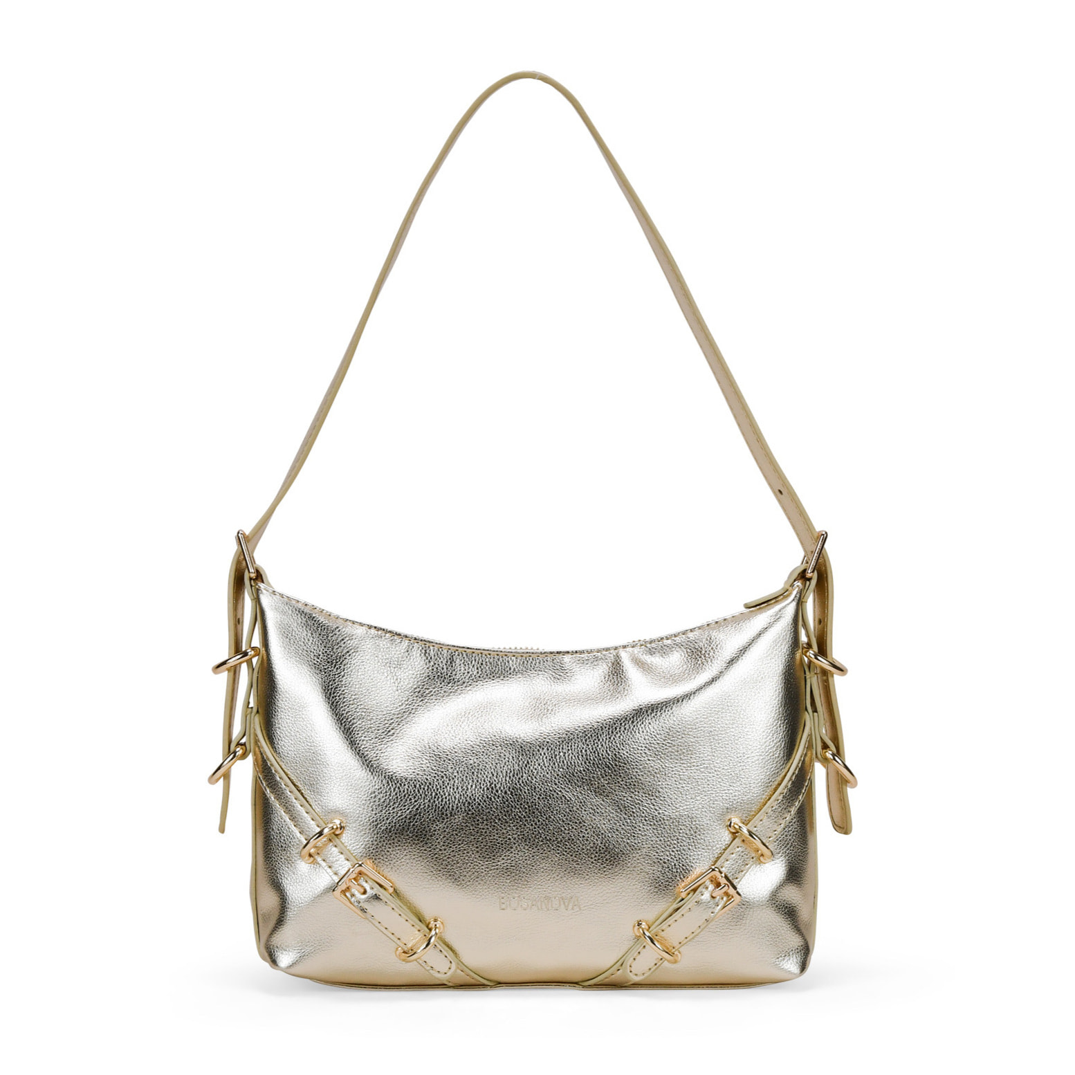 Bolso de hombro dorado con hebillas