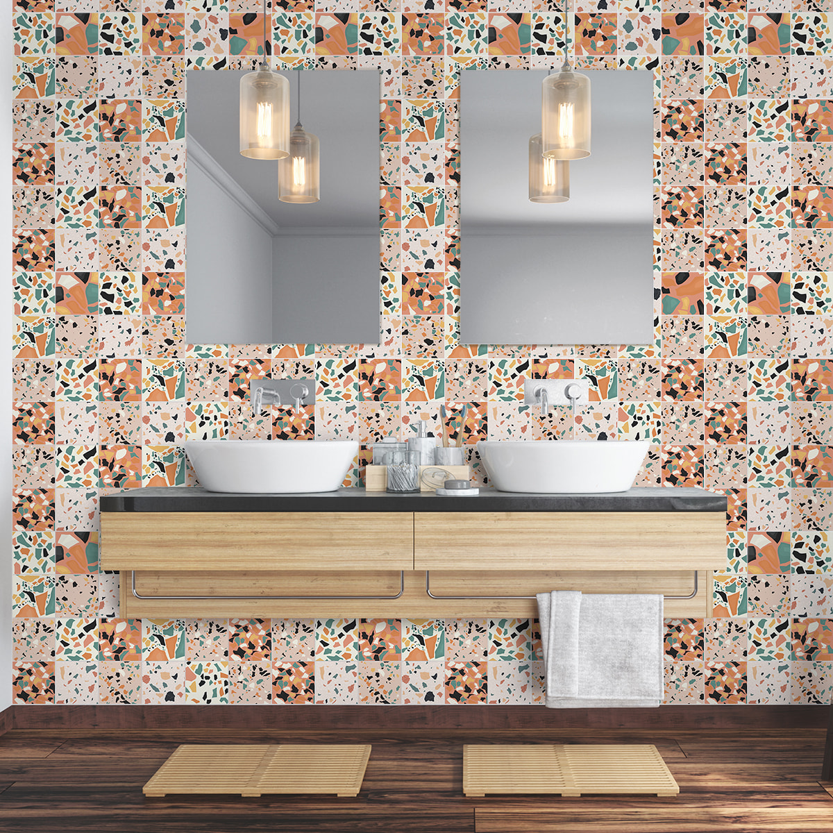 Stickers muraux - Sticker Mural Carrelage adhésif Cuisine Salle de Bain - 60 STICKERS CARREAUX DE CIMENT TERRAZZO ZOILO