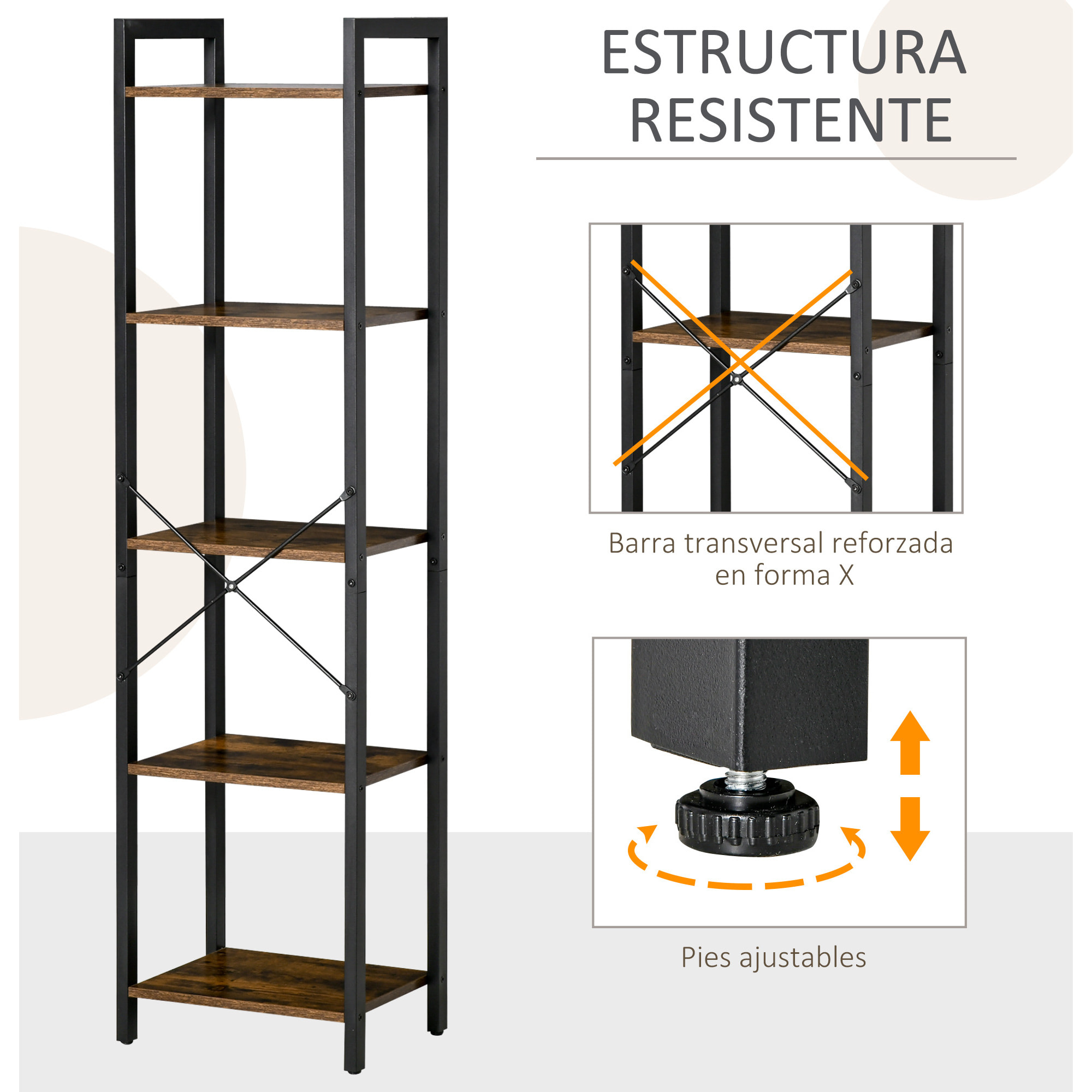 HOMCOM Estantería Industrial de 5 Niveles Estantería Librería de Almacenaje con Marco de Acero para Sala de Estar Oficina Cocina Dormitorio 40x30x154 cm Marrón Rústico