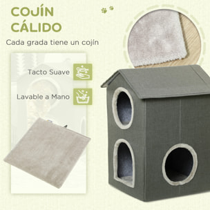 Casa para Gatos de 2 Niveles Cama para Gatos Cueva para Gatos con 3 Puertas y Cojines Lavables 42x46x59,5 cm Gris