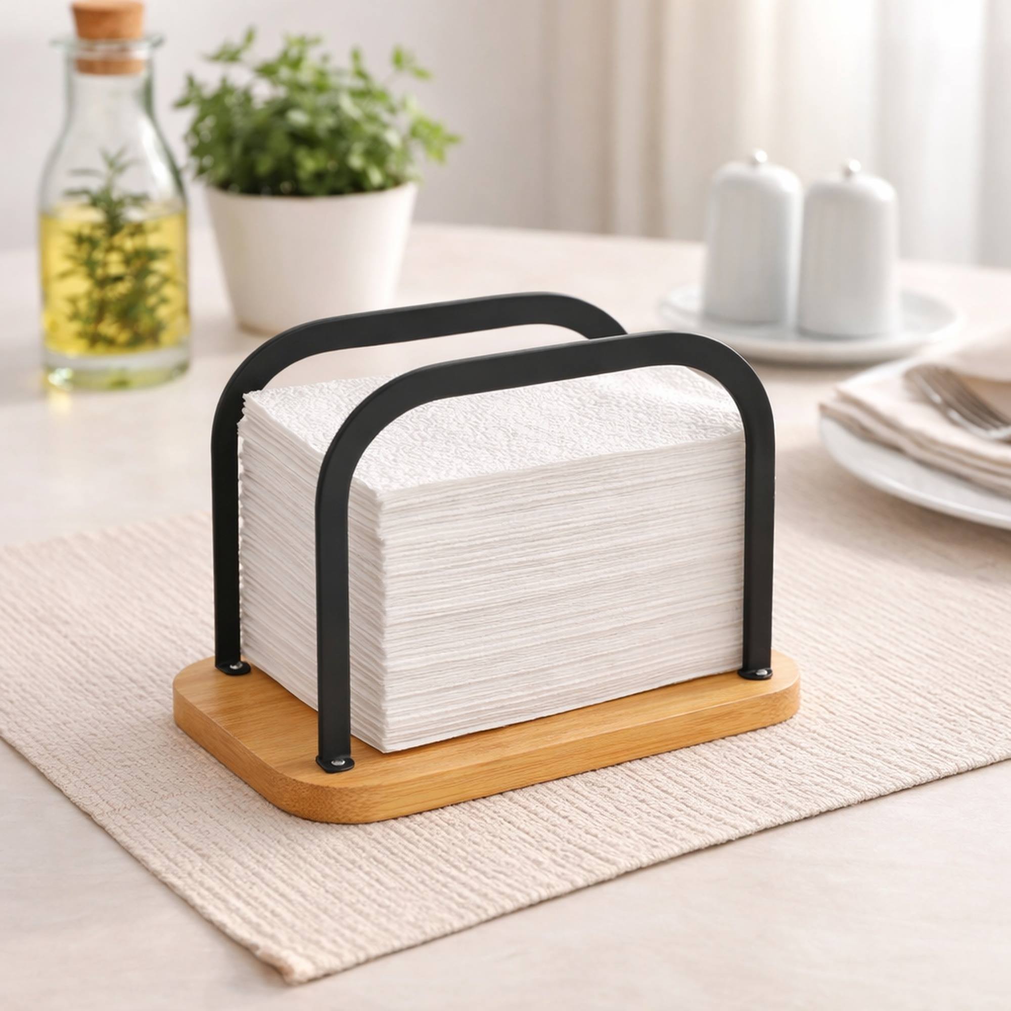 Soporte para servilletas de metal y Bambú en color negro