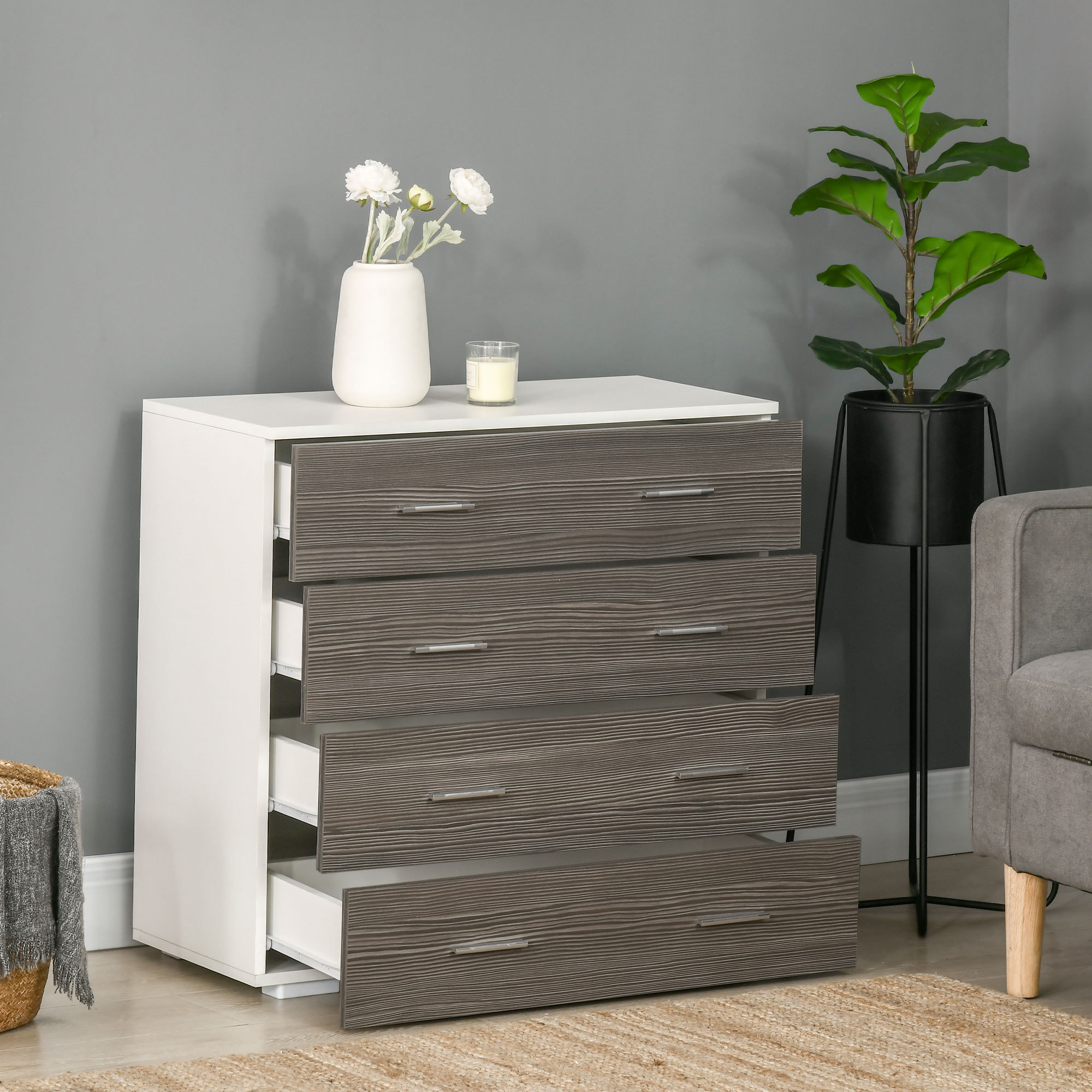 Cómoda 4 Cajones, Cómoda Dormitorio, Cajonera para Salón, Oficina, Pasillo, Estilo Moderno, 76x35x72 cm, Gris Veteado y Blanco