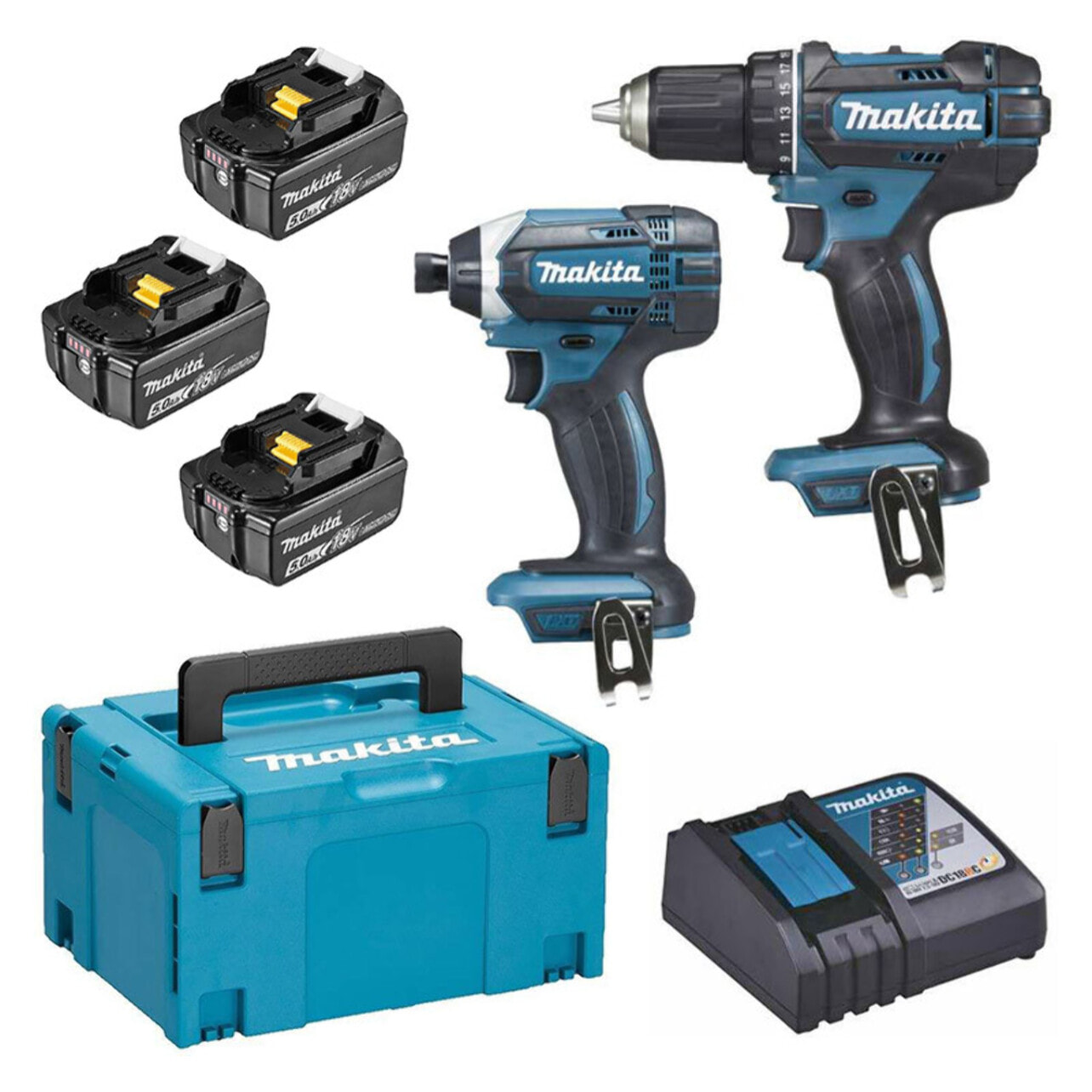 Pack de 2 machines 18V - Perceuse visseuse Ø 13 mm DDF482 + Visseuse à chocs 165 Nm DTD152 - MAKITA - avec 3 batteries 18V 5Ah + chargeur rapide + MakPak - DLX2127TJ1