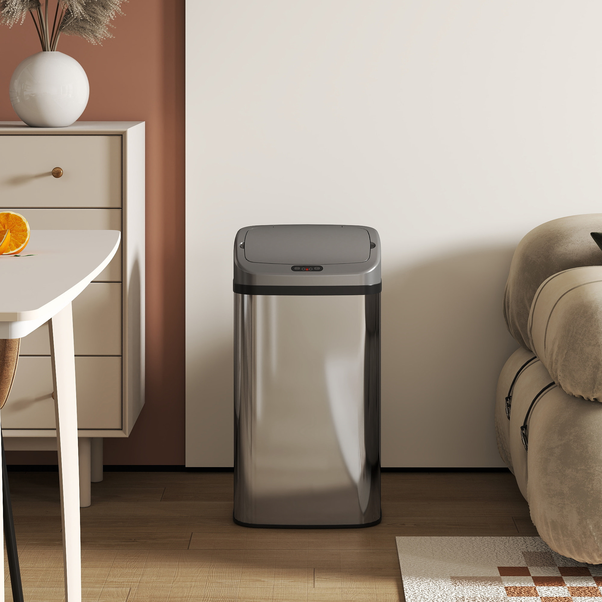 Cubo de Basura Cocina Automático 48 L, Papelera de Cocina de Acero Inoxidable, Sensor Infrarrojo, Cierre Automático, Antihuellas, para Dormitorio, Oficina, Plata