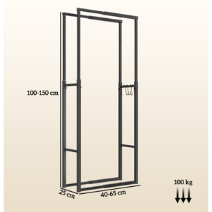 Soporte para Leña Extensible Estante de Leña Metálico Leñero con 4 Ganchos Carga 100 kg para Interior y Exterior 40-65x25x100-150 cm Negro