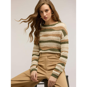 Motivi - Maglia corta a righe traforata - Beige