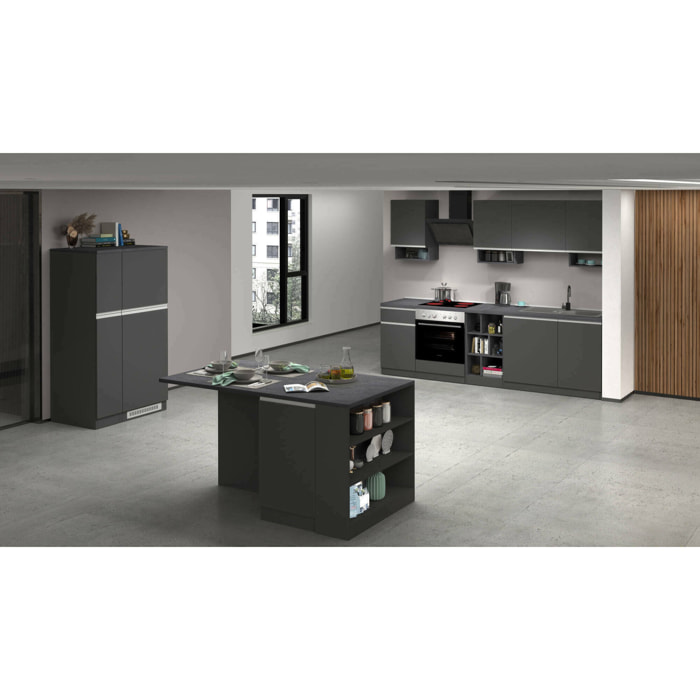 Cucina completa Arlo, Set con dispensa, Mobile per cucinotto, Kit blocco con isola e portafrigo, 100% Made in Italy, Antracite e Ardesia