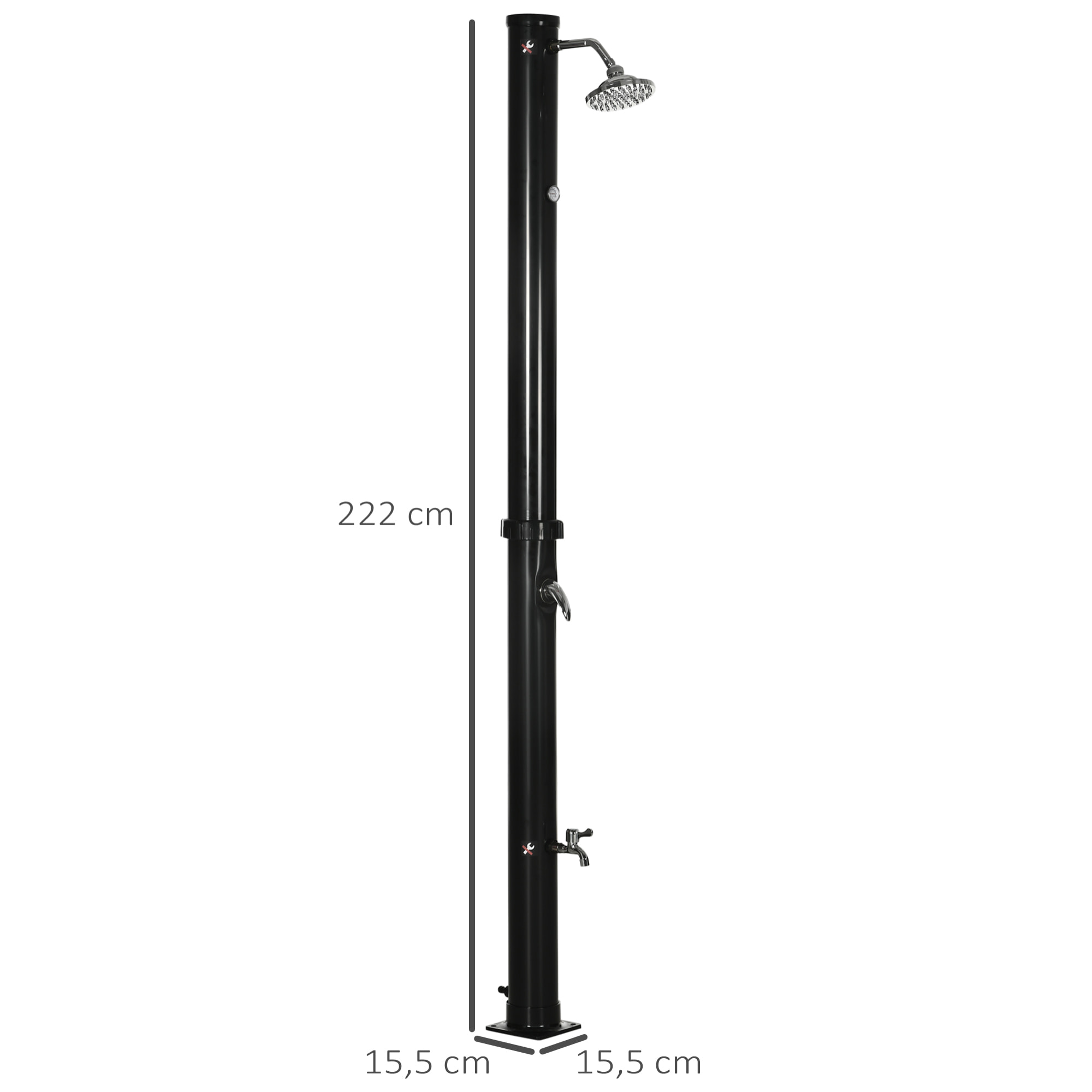 Ducha Solar de Jardín 20L Ducha Exterior con Cabezal de Ducha Redondo Grifo Agua Caliente Máx. 60„ƒ y Ducha para Pies para Piscina Patio Playa 15,5x15,5x222 cm Negro