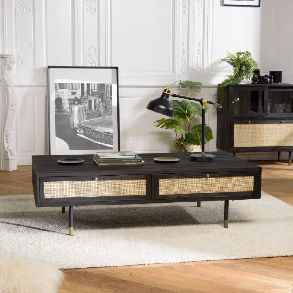 YANIS - Table basse noire bois Pin 4 tiroirs cannage