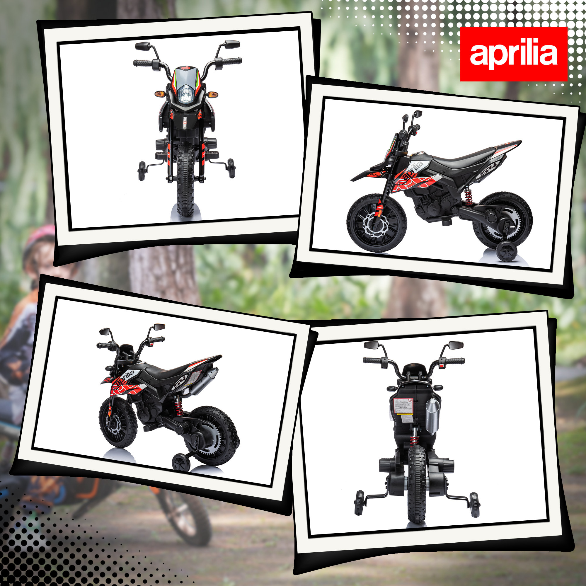 Moto Eléctrica para Niños 12V con Licencia Aprilia, Moto Eléctrica Infantil con Ruedas Auxiliares Desmontables, 6 km/h, Suspensión Trasera, Faro, Música y USB, para Niños 37-96 Meses, Rojo