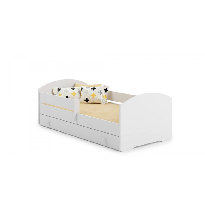 Letto singolo per bambini, Lettino con cassettone e protezione anticaduta, con testiera tonda, cm 144x78h58, colore Bianco