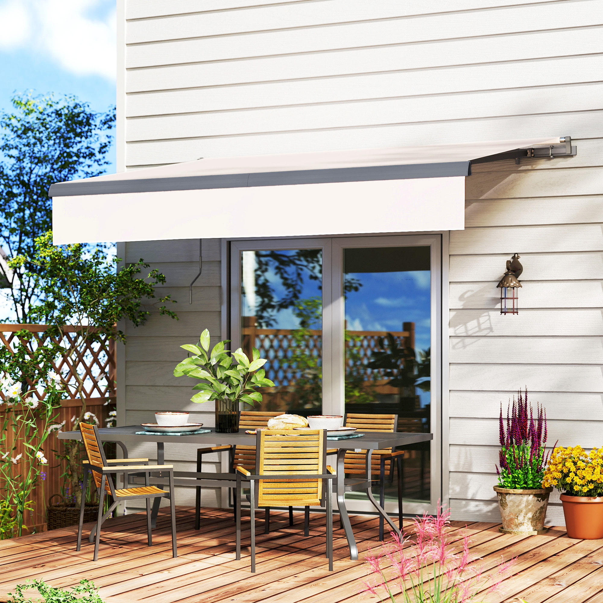 Toldo Manual Retráctil 3x2 m Toldo Exterior Terraza Enrollable Ajustable con Manivela Protección UV50+ Estructura de Aluminio y Metal para Balcón Jardín Crema