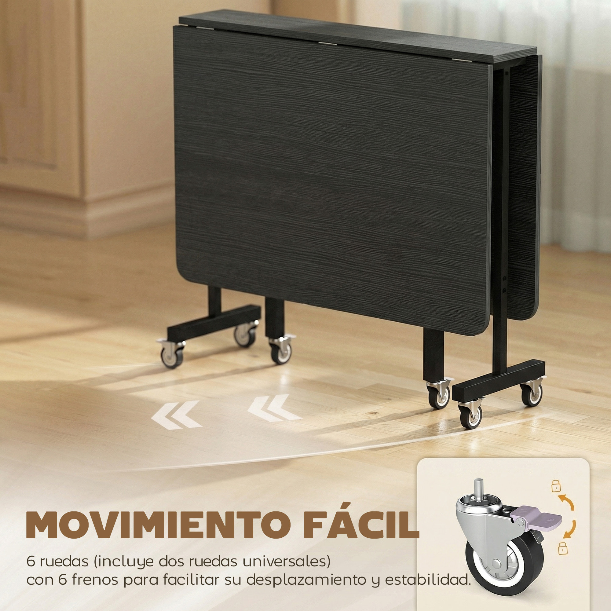Mesa Plegable de Comedor para 4-6 Personas Mesa de Cocina Plegable con Ruedas y Alas Abatibles para Cocina Salón 120x80x73 cm Negro
