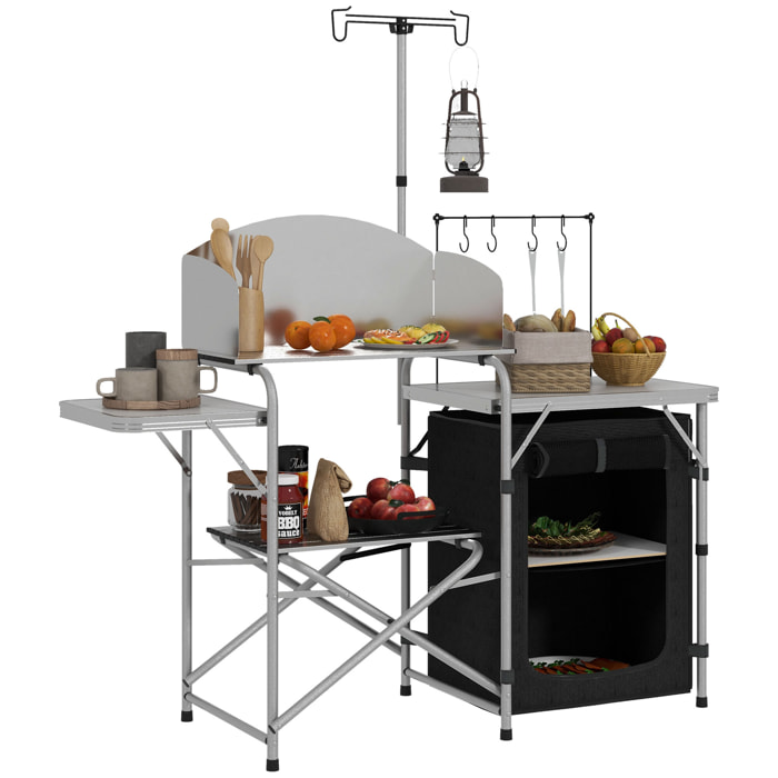 Rangement cuisine de camping pliable étagères tablette station de cuisson alu tissu noir