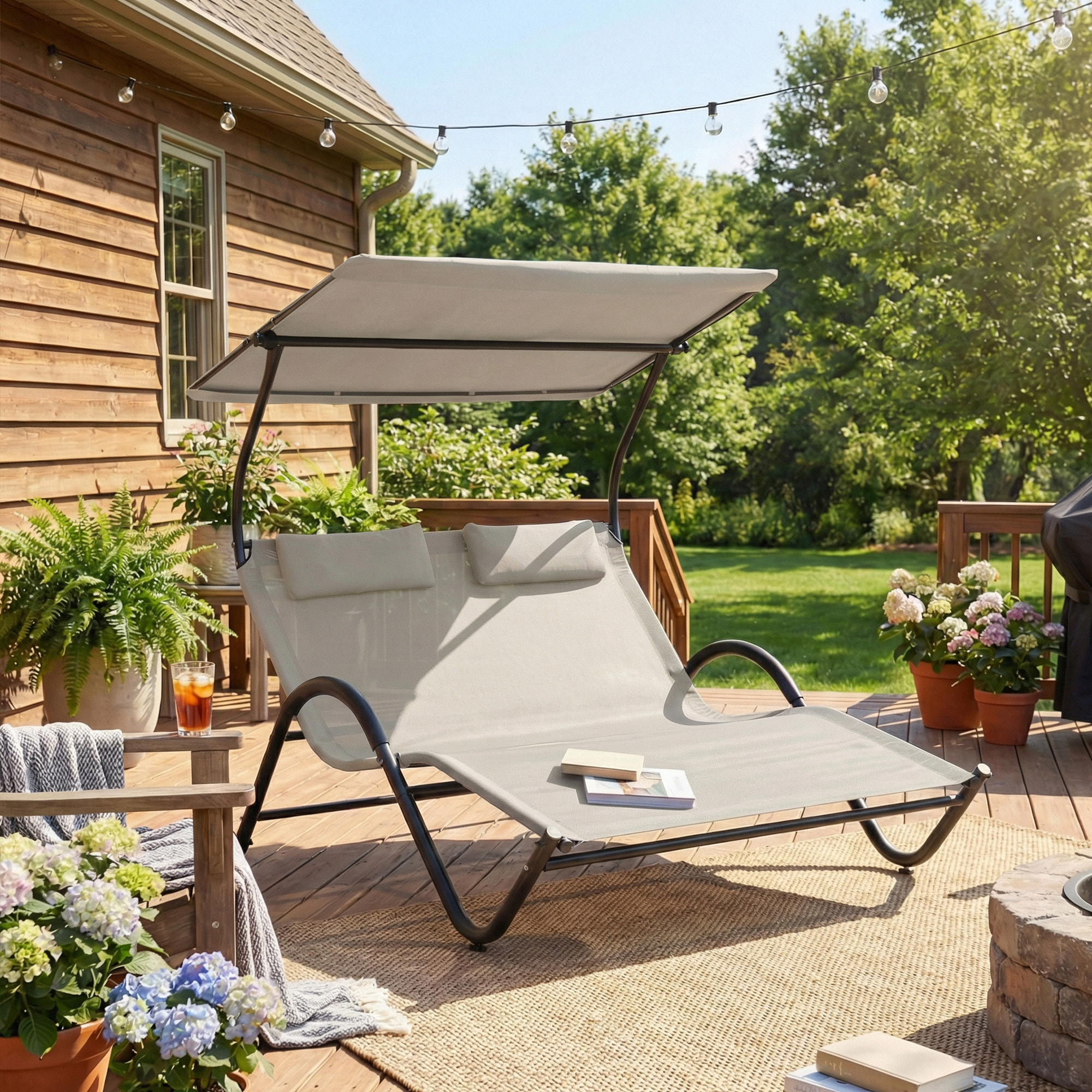 Bain de soleil 2 places lit de jardin design contemporain auvent réglable roulettes tétières acier époxy polyester grège