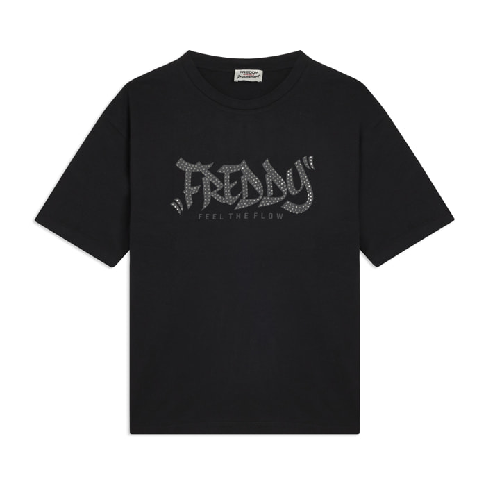 T-shirt con stampa "FREDDY FEEL THE FLOW" e borchie