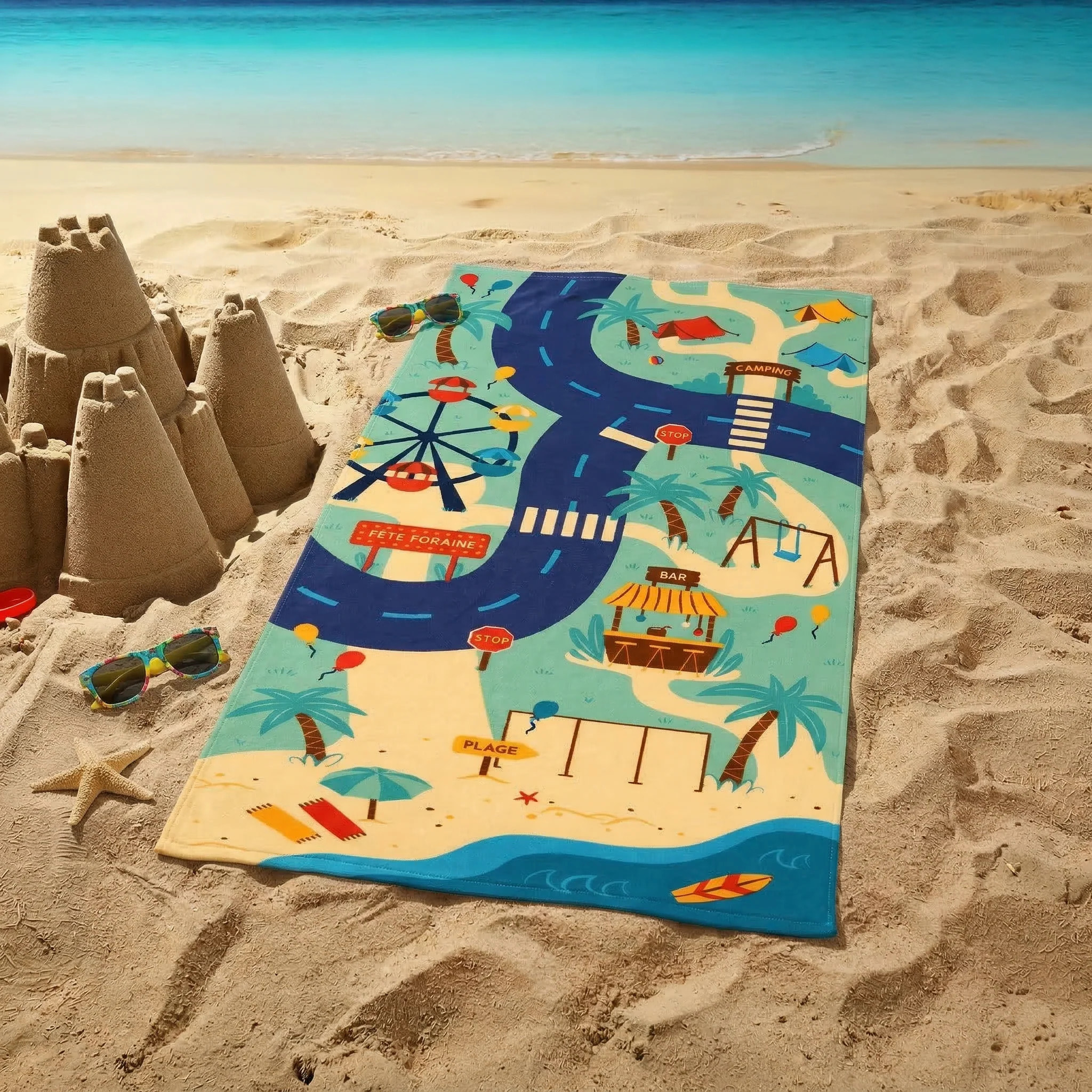 Serviette de plage microfibre enfant - Circuit - 70x140cm - 220g/m²