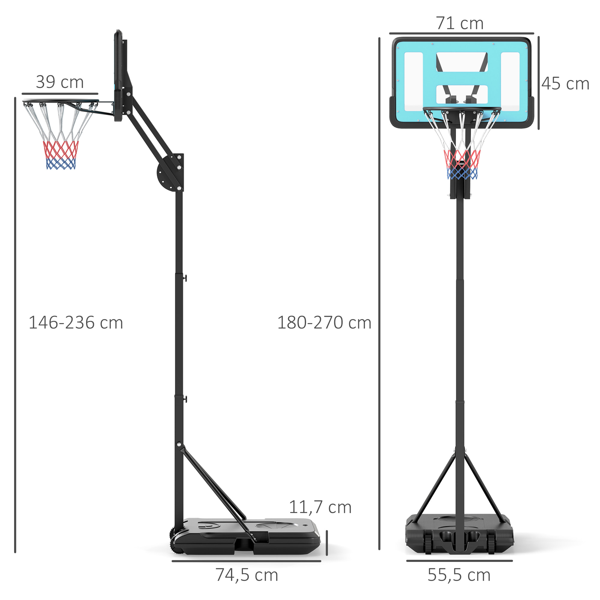 Canasta de Baloncesto para Exterior Aro de Baloncesto Portátil con Altura Ajustable 180-270 cm Ruedas Base Rellenable para Adolescentes y Adulto Negro