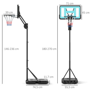 Canasta de Baloncesto para Exterior Aro de Baloncesto Portátil con Altura Ajustable 180-270 cm Ruedas Base Rellenable para Adolescentes y Adulto Negro
