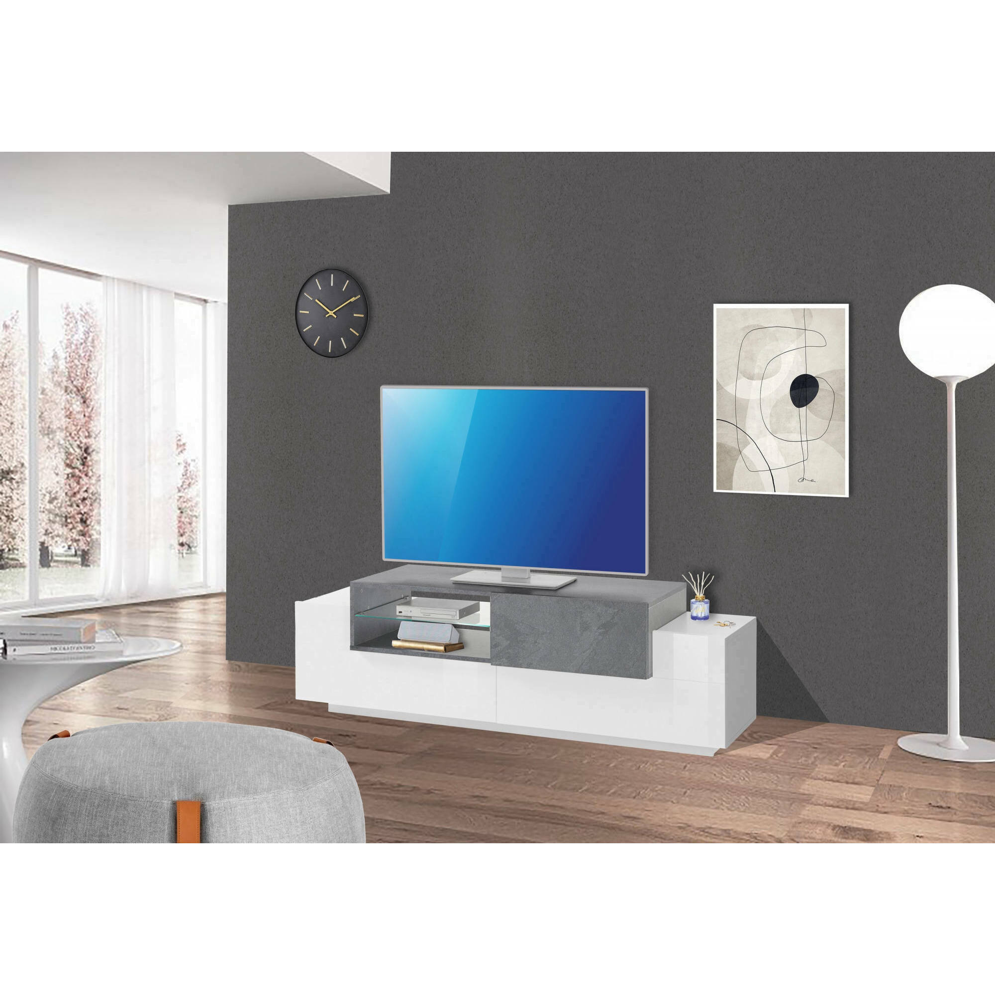 Mobile da soggiorno Porta TV, Made in Italy, Supporto per TV da salotto a 3 ante, cm 160x45h51, colore Bianco lucido e Grigio Cemento