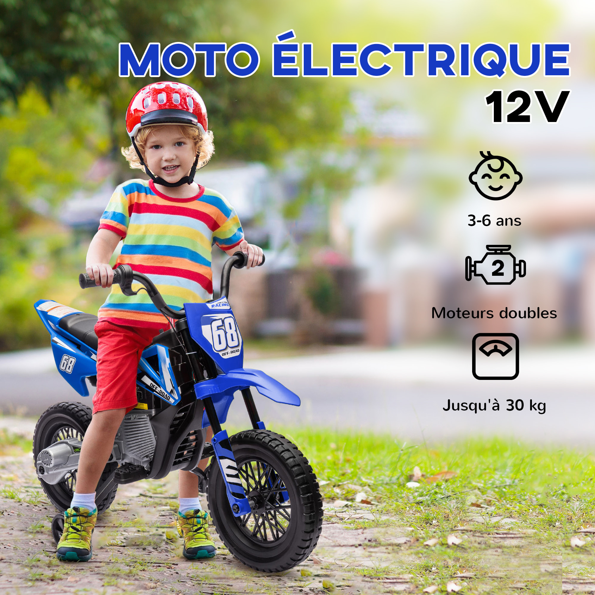 Moto cross électrique dirt bike enfant 12V 2 moteurs 2 vitesses 2,4-5 Km/h musiques bleu