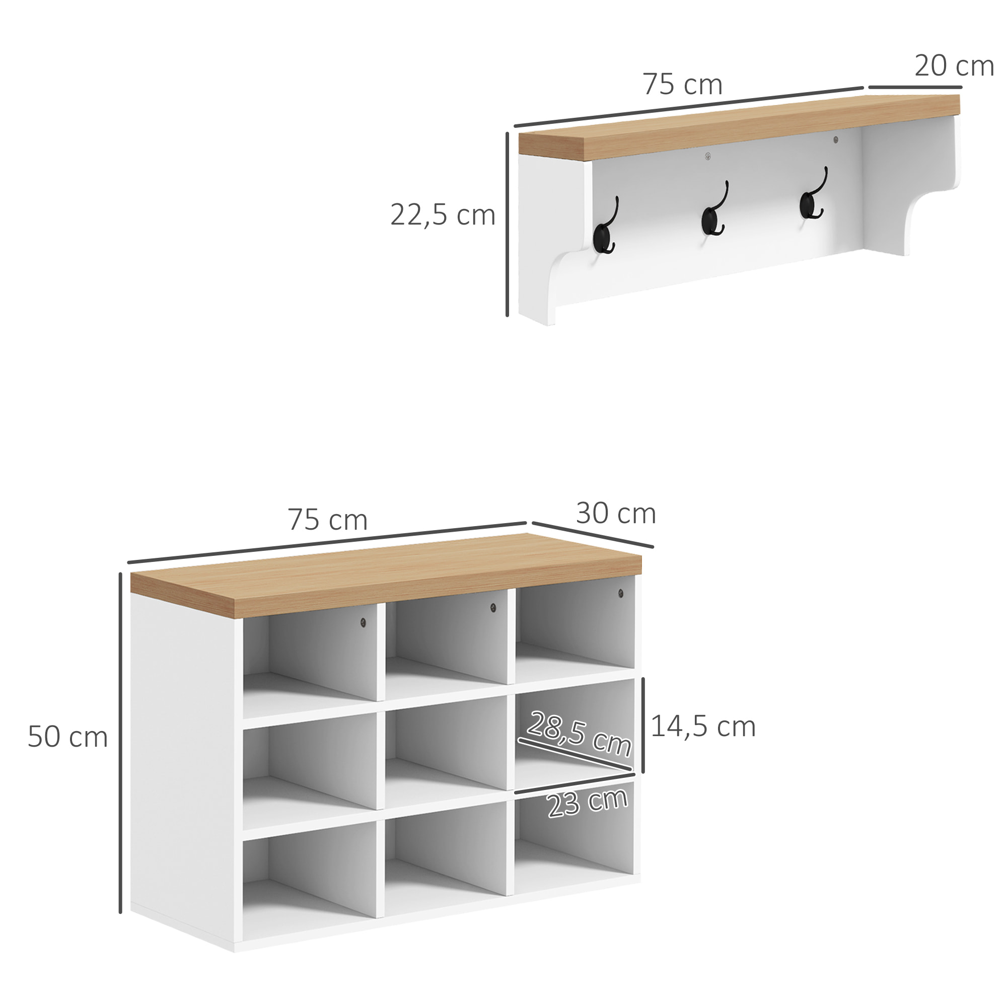 Recibidor con Perchero y Banco Zapatero 2 en 1 Muebles de Entrada con 3 Ganchos y Estantes para 9 Pares de Zapatos 75x30x50 cm y 75x20x22,5 cm Blanco