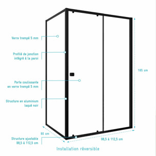 Porte de Douche Coulissante Extensible 100x185cm et Retour Fixe 90cm - Noir - BLACK SLIDE