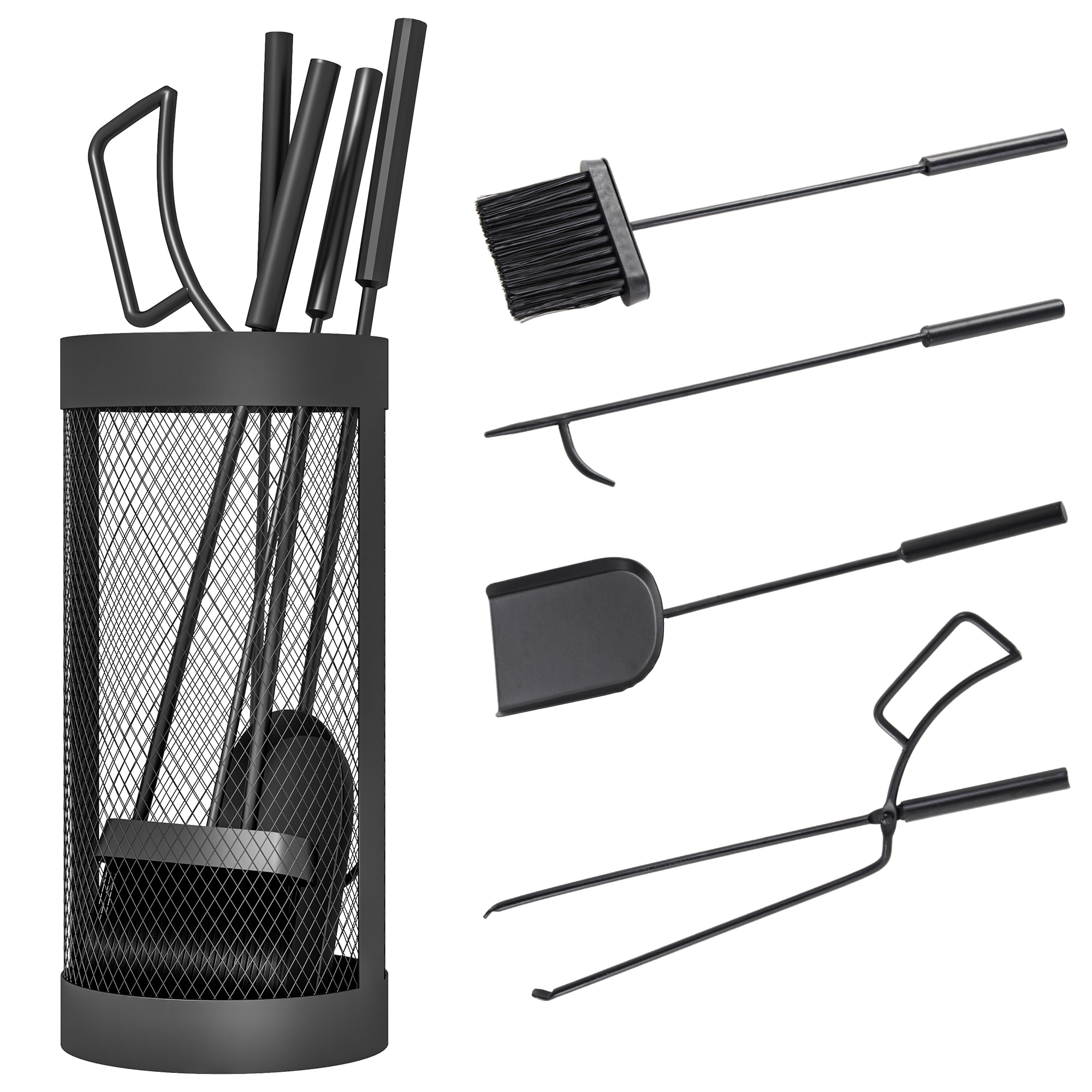 Juego Utensilios Chimenea de 5 Piezas, Juego de Accesorios para Chimenea de Metal con Escoba, Pala, Tenazas, Atizador y Soporte, Ø16x33,5 cm, Negro