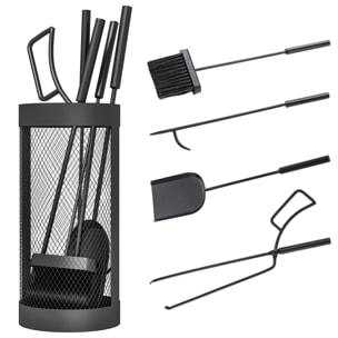 Juego Utensilios Chimenea de 5 Piezas, Juego de Accesorios para Chimenea de Metal con Escoba, Pala, Tenazas, Atizador y Soporte, Ø16x33,5 cm, Negro