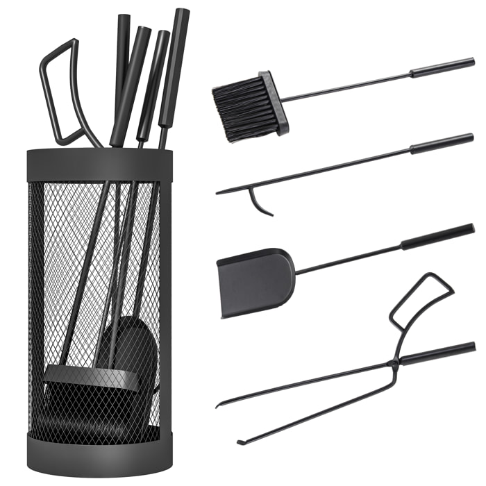 Juego Utensilios Chimenea de 5 Piezas, Juego de Accesorios para Chimenea de Metal con Escoba, Pala, Tenazas, Atizador y Soporte, Ø16x33,5 cm, Negro