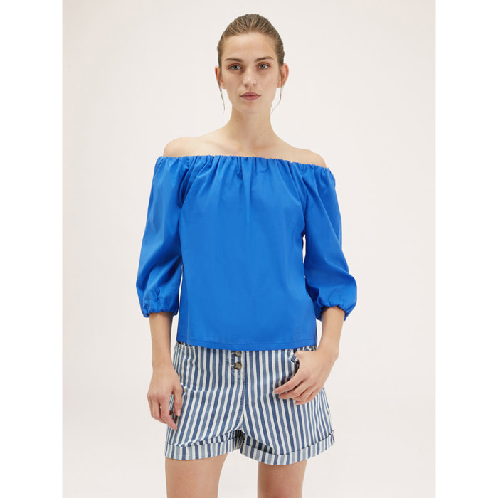 Motivi - Blusa con escote elástico y hombros descubiertos - Azul aciano