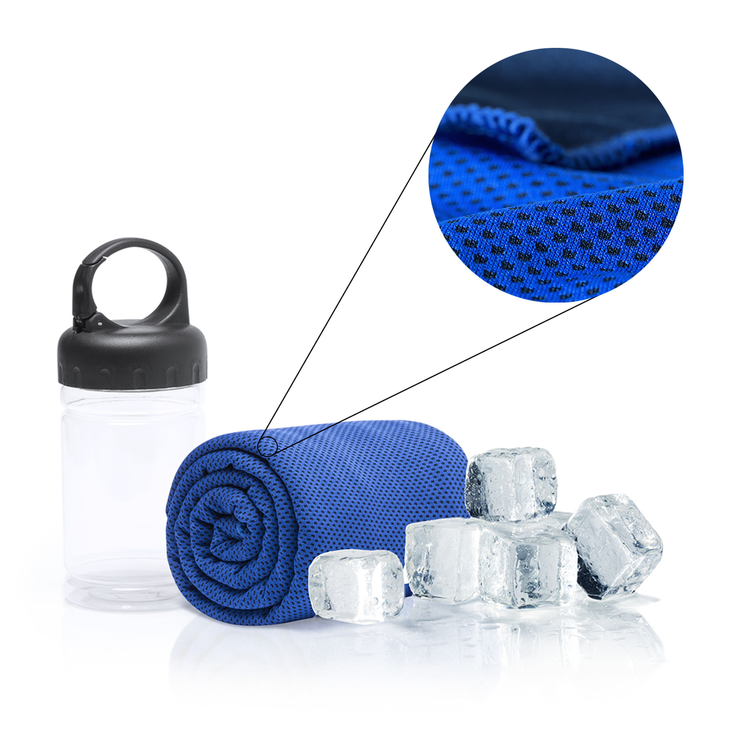 Asciugamano Rikat di 90x30cm in materiale refrigerante SoftCool Extreme con protezione UV50. Di 160g/m2. Custodia di trasporto con manico e moschettone.