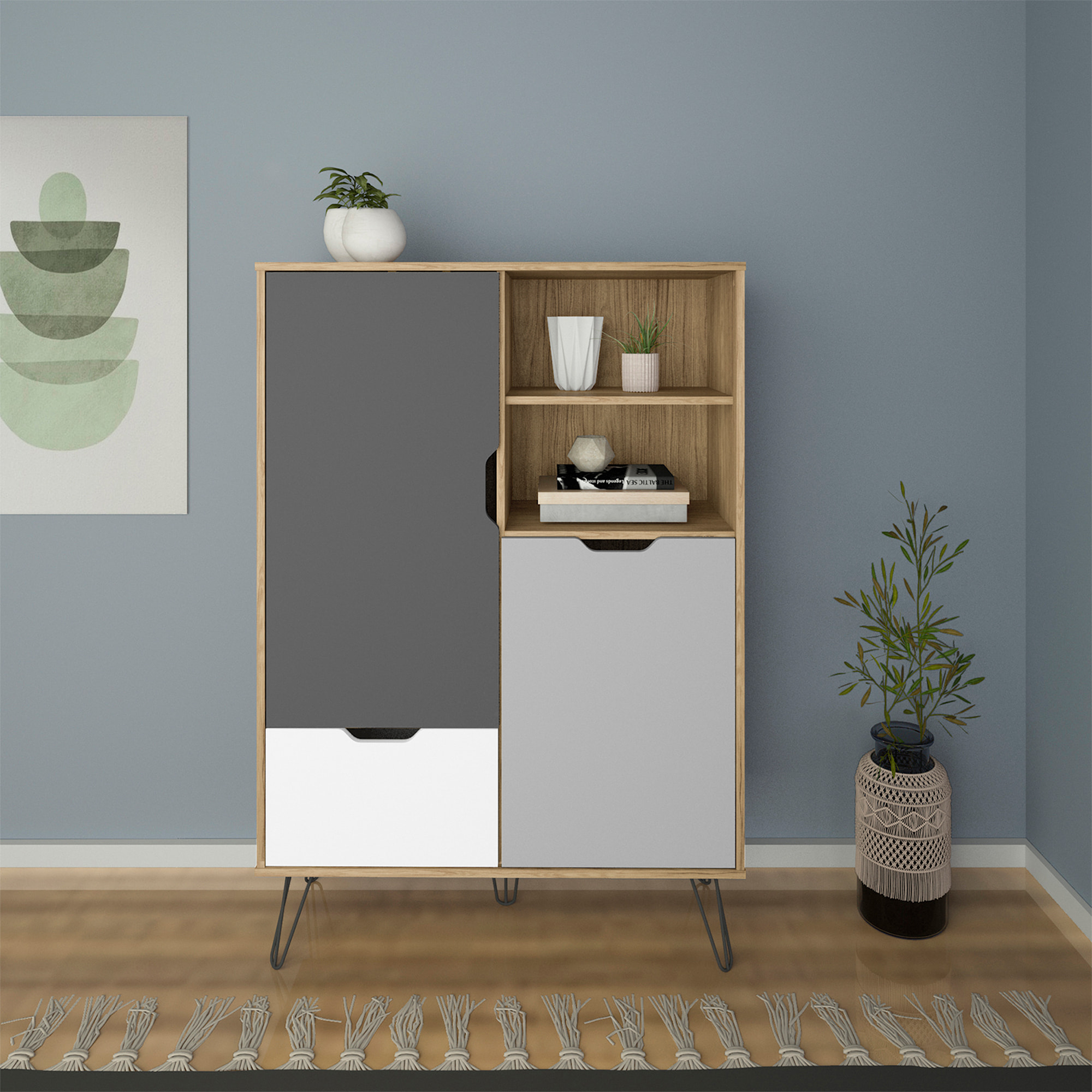 Aparador alto – Roble, blanco, gris claro y gris oscuro