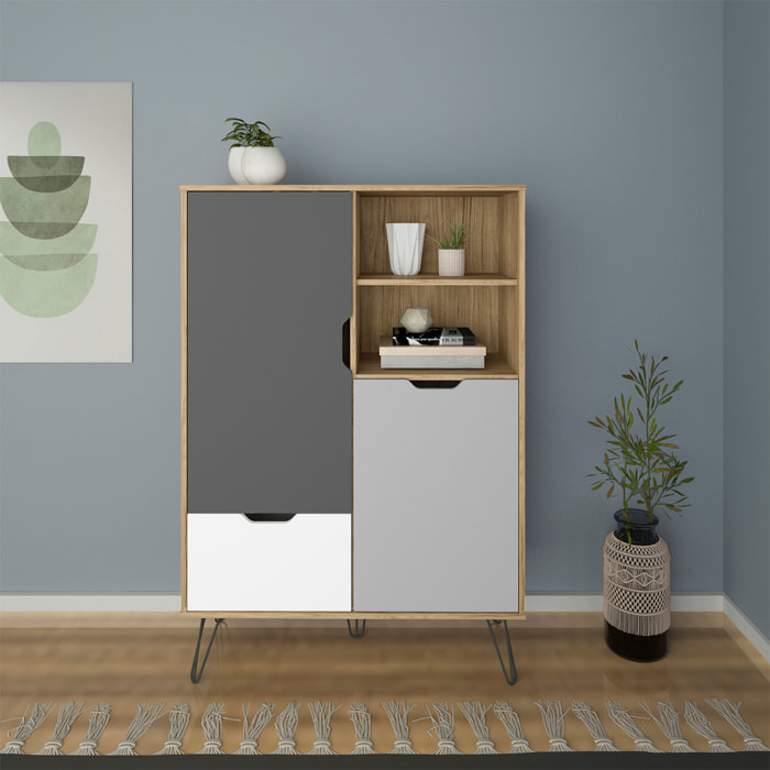 Aparador alto – Roble, blanco, gris claro y gris oscuro