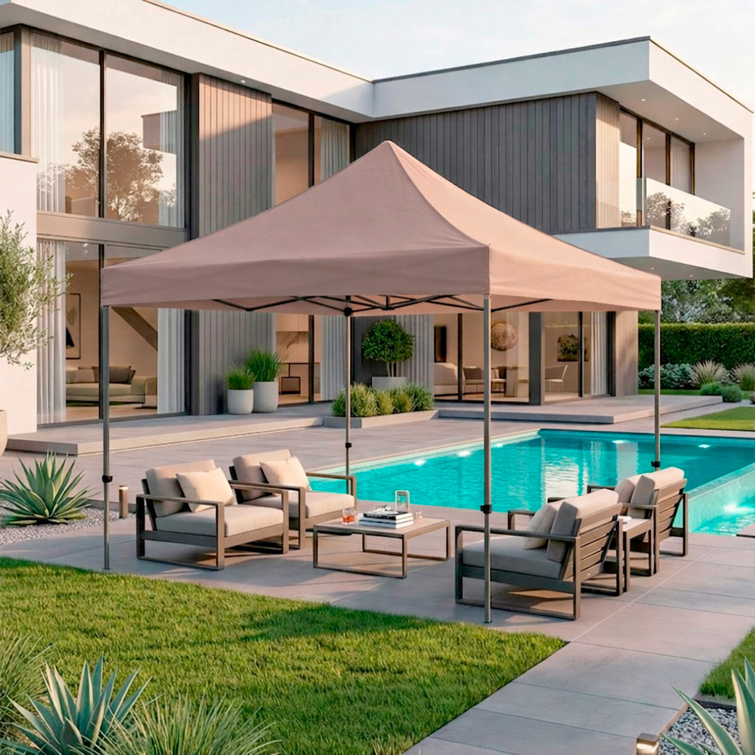 Gazebo Professionale 3x3 M Richiudibile Automatico In Acciaio Con Telo Oxford 1200D PVC Impermeabile e Anti UV A Fisarmonica con Sacche Tortora