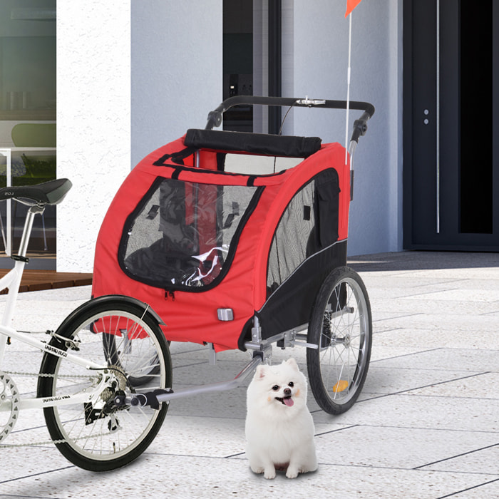 Remorque vélo jogger 2 en 1 pour animaux drapeau roue avant pivotante réflecteurs et barre d'attelage inclus rouge noir