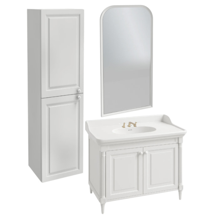 Pack meuble vasque 3 trous Cléo 1889 blanc velours + colonne gauche + miroir + mélangeur poignés or