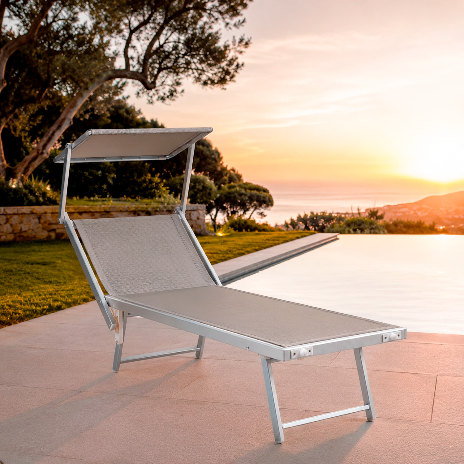 Lettino Prendisole Pieghevole Professionale in Alluminio e Tessuto Textilene Tettuccio Orientabile Parasole Sdraio Mare Spiaggia 182x60x38 cm Grigio