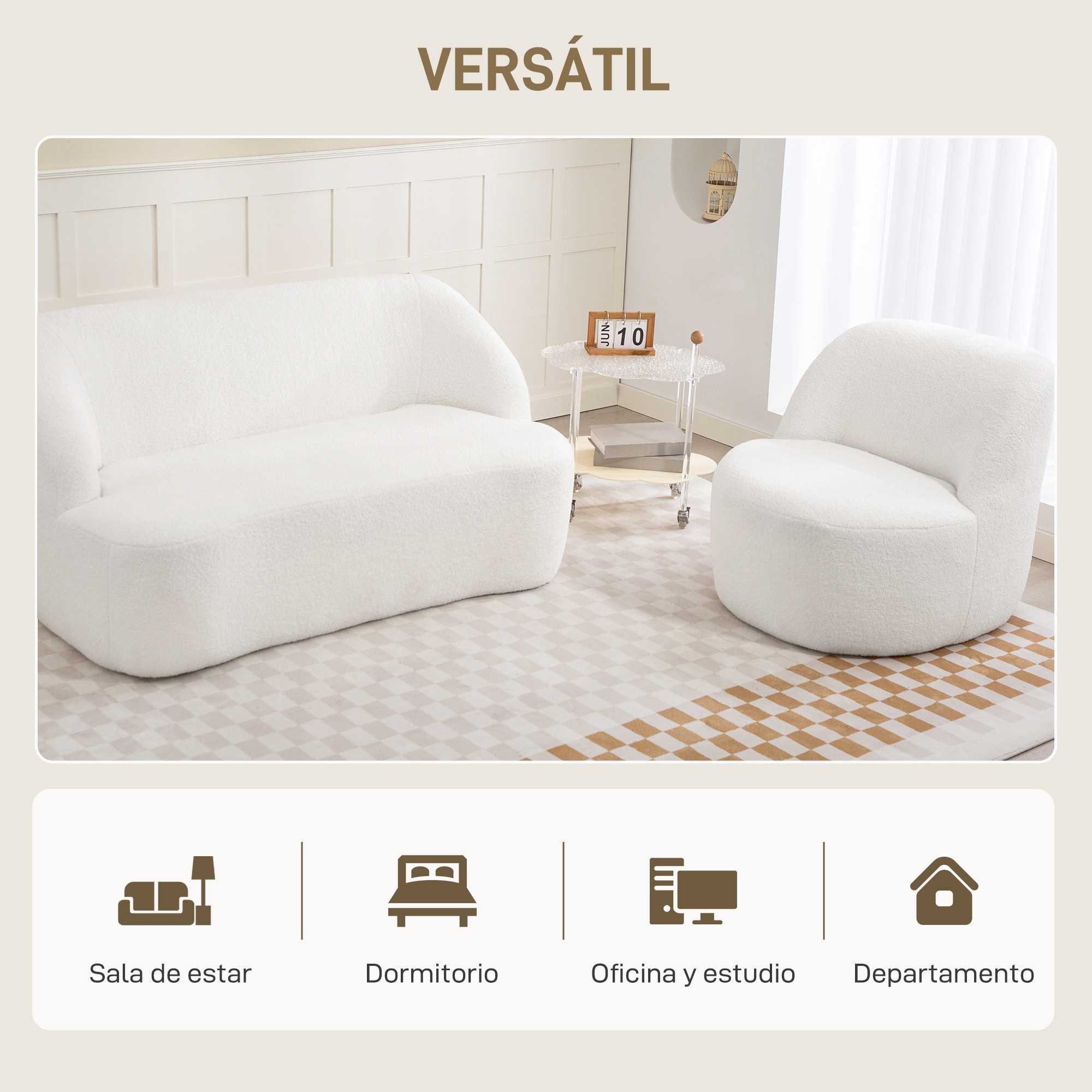Sillón Tapizado en Borreguito Sillón de Salón de 81 cm con Diseño Curvo Acolchado Grueso No Requiere Montaje para Dormitorio Sala de Estar Oficina Crema