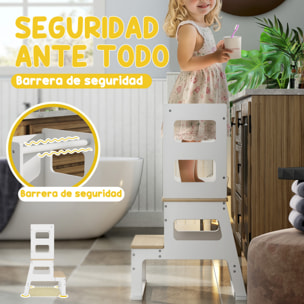 Torre de Aprendizaje 2 en 1 Taburete de Aprendizaje para Niños de +3 Años con Pizarra y Barrera de Seguridad para Baño Cocina 55x52,5x87,5 cm Blanco