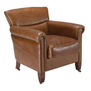 GASTON - Fauteuil marron VERONE vintage cuir pieds bois avec roulettes