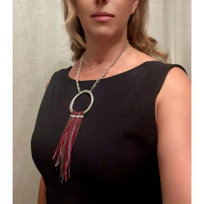 Collar Flecos largos piel burdeos y plata 10µ