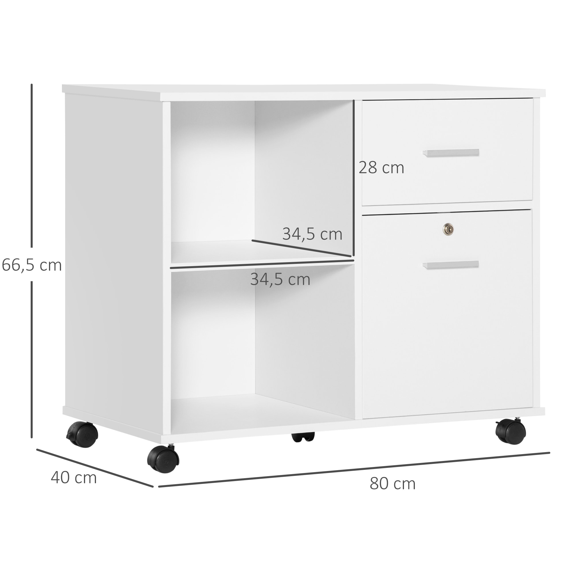 Support d'imprimante organiseur bureau caisson avec 2 tiroirs dont 1 verrouillable avec clé 2 niches grand plateau dim 80L x 40l x 66,5H cm blanc