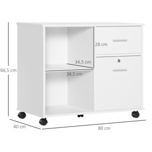 Support d'imprimante organiseur bureau caisson avec 2 tiroirs dont 1 verrouillable avec clé 2 niches grand plateau dim 80L x 40l x 66,5H cm blanc