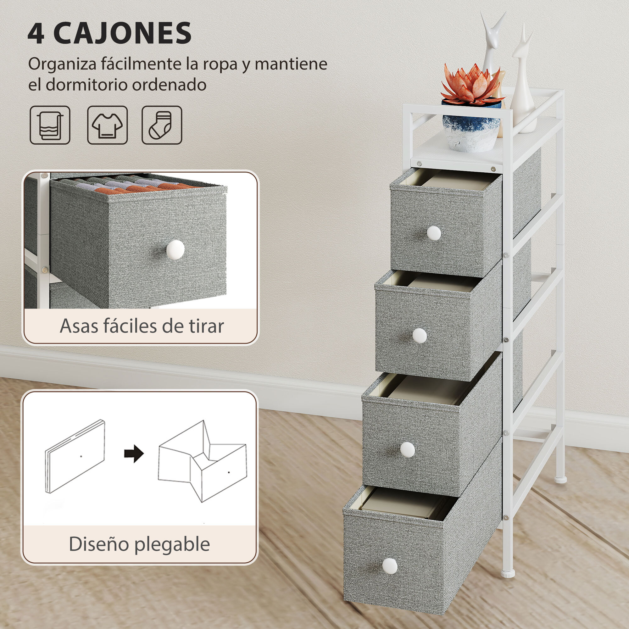 Cómoda con 4 Cajones de Tela, Cómoda para Dormitorio Estrecha con Marco de Acero, Cajonera para Espacios Pequeños, Sala de Estar, Vestidor, Baño, Gris Claro