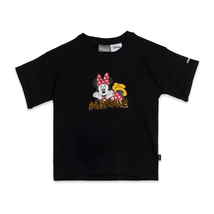T-shirt bambina Minnie con scritta in paillettes