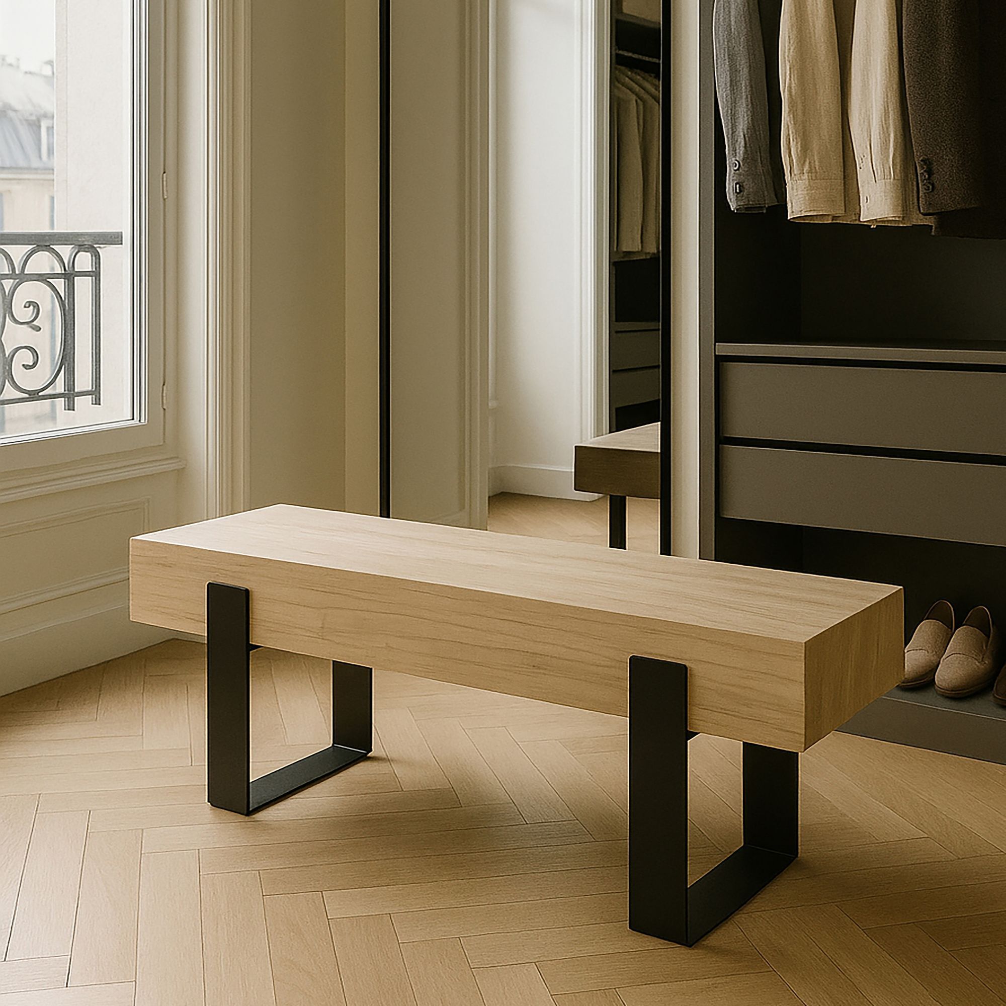 Banc en bois et pieds en métal noir ORA