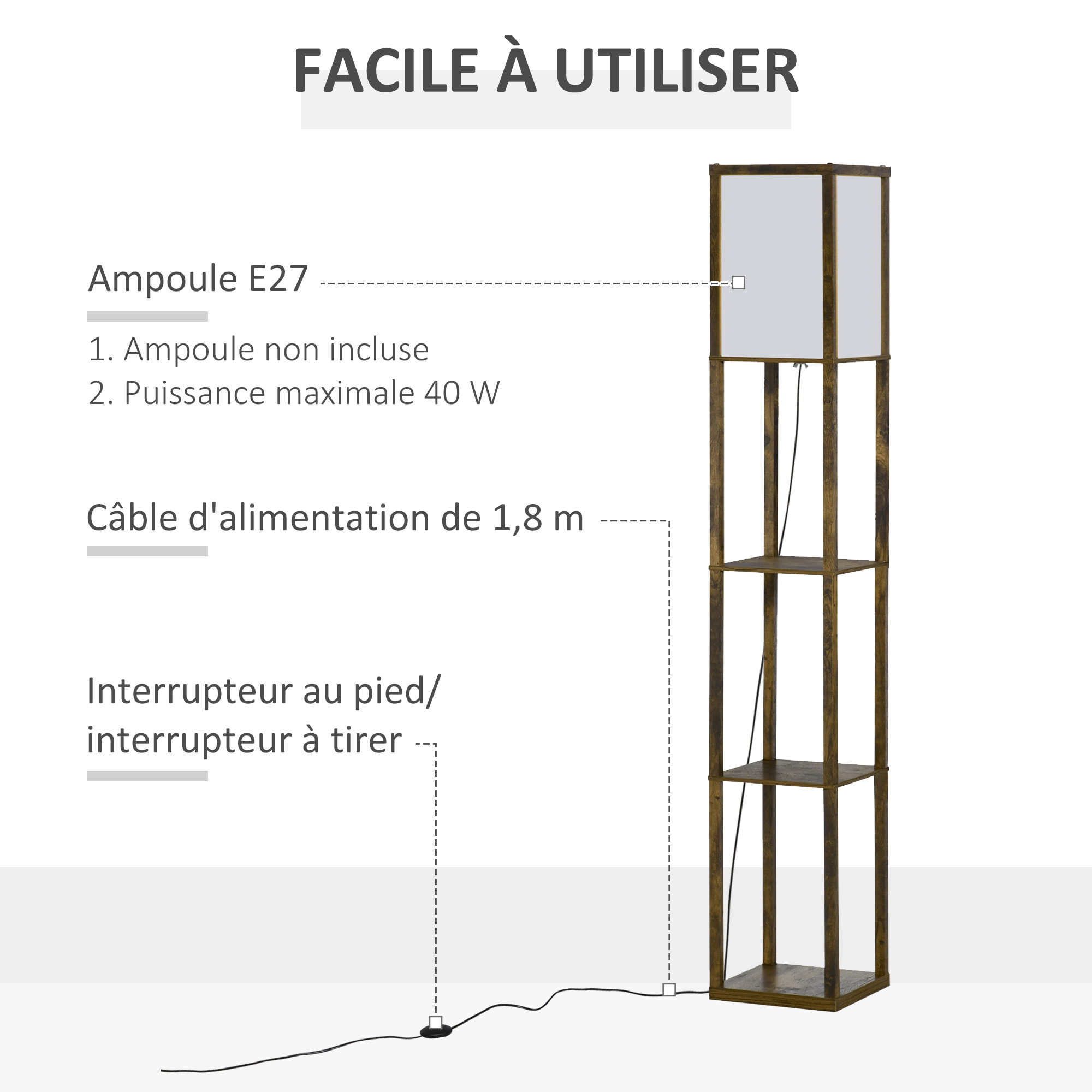 Lampadaire étagère lampe étagère 26L x 26l x 160H cm 3 étagères 4 niveaux MDF aspect bois vieilli